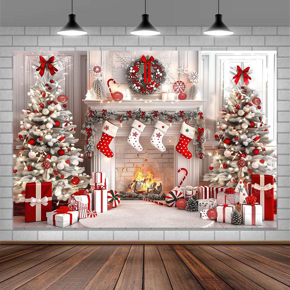 White Christmas Fireplace Winter Backdrop with