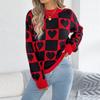 Women's Round Neck Contrasting Plaid Love Long-sleeved Pullover Sweater