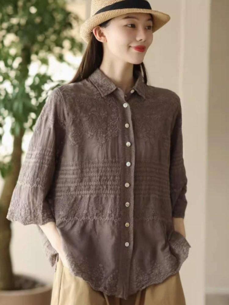 

Johnature Женские винтажные принты с цветочным принтом, однотонные блузки с вышивкой, летние рубашки с коротким рукавом и пуговицами One Size кофейный