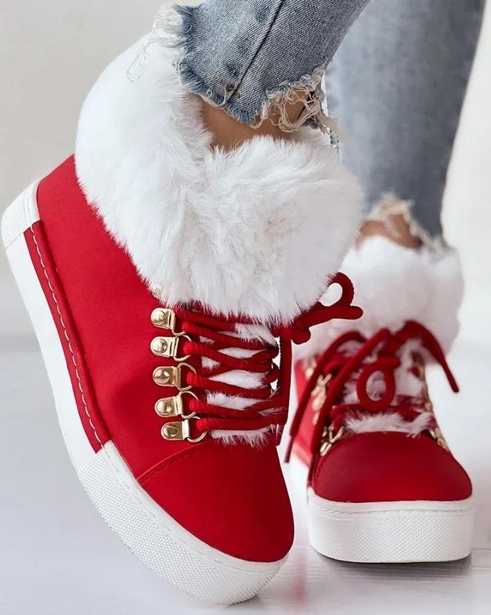 Women's Boots Christmas Fashion Lace Up Fuzzy Detail Lined Ankle Boots Casual Daily Round Toe Flat Boots