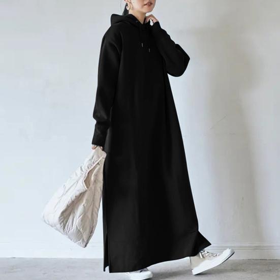 Kordelzug, lange Ärmel, seitlicher Schlitz am Saum, verdicktes Fleece-Futter, Sweatshirt-Kleid, Herbst-Winter, einfarbig, übergroßes, warmes Maxikleid mit Kapuze