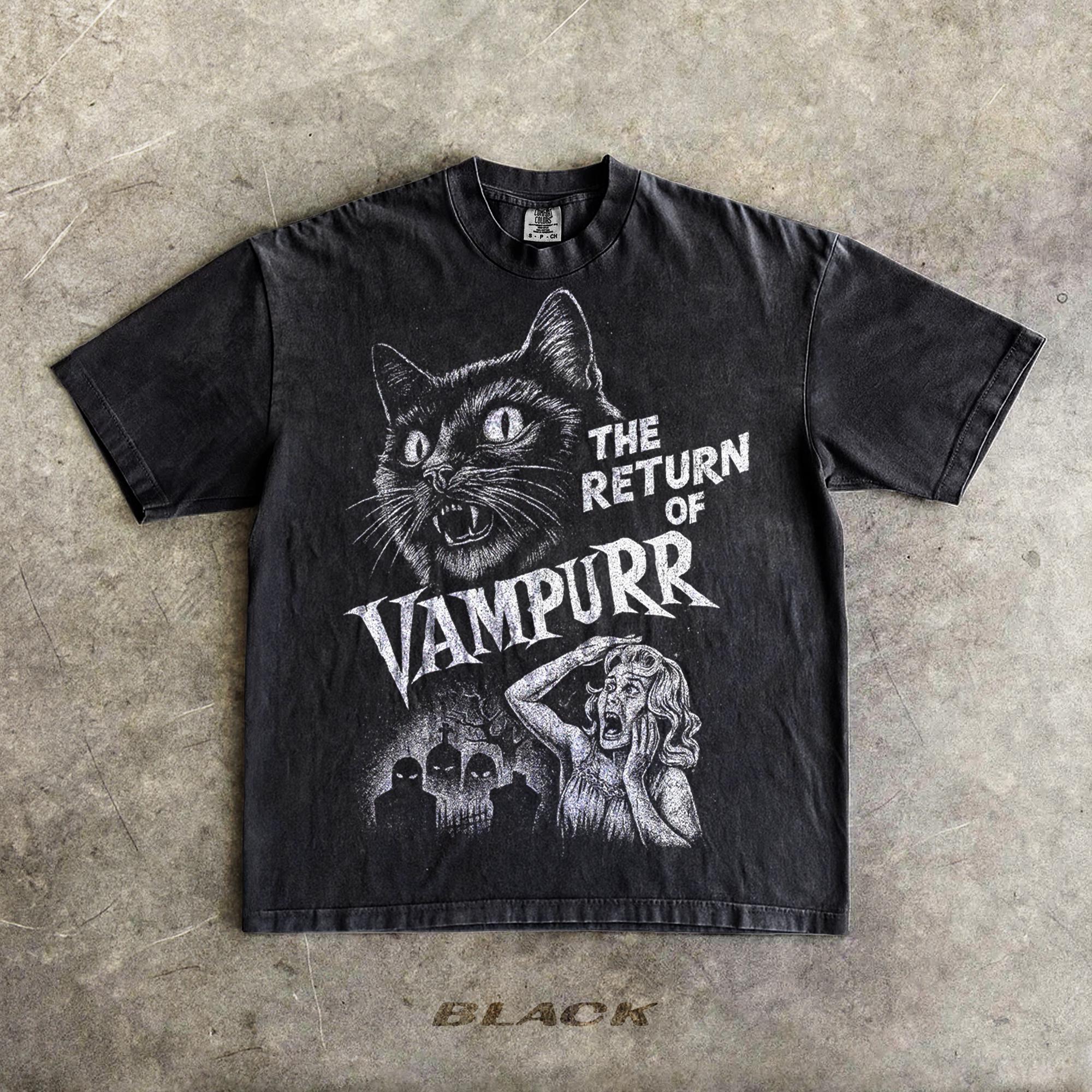Retro Bloodsucking Cat Halloween Tshirt Unisex Fun Tshirt Mens Tshirt Summer New Item Suitable for Both Men and Women M