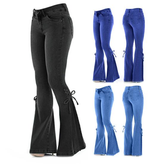 Women Jeans Mid Waist Bandage Wide Leg Butt-lifted Lady Jeans for Daily Wear