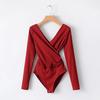 Women Fashion V Neck Long Sleeve Jumpsuit Cross Front Bodysuit