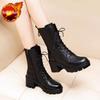 Autumn Winter Black Leather Fleece-Lined Women'S Half High Boots  New Platform High Heels Lace-Up Ladies Mid Calf Shoes