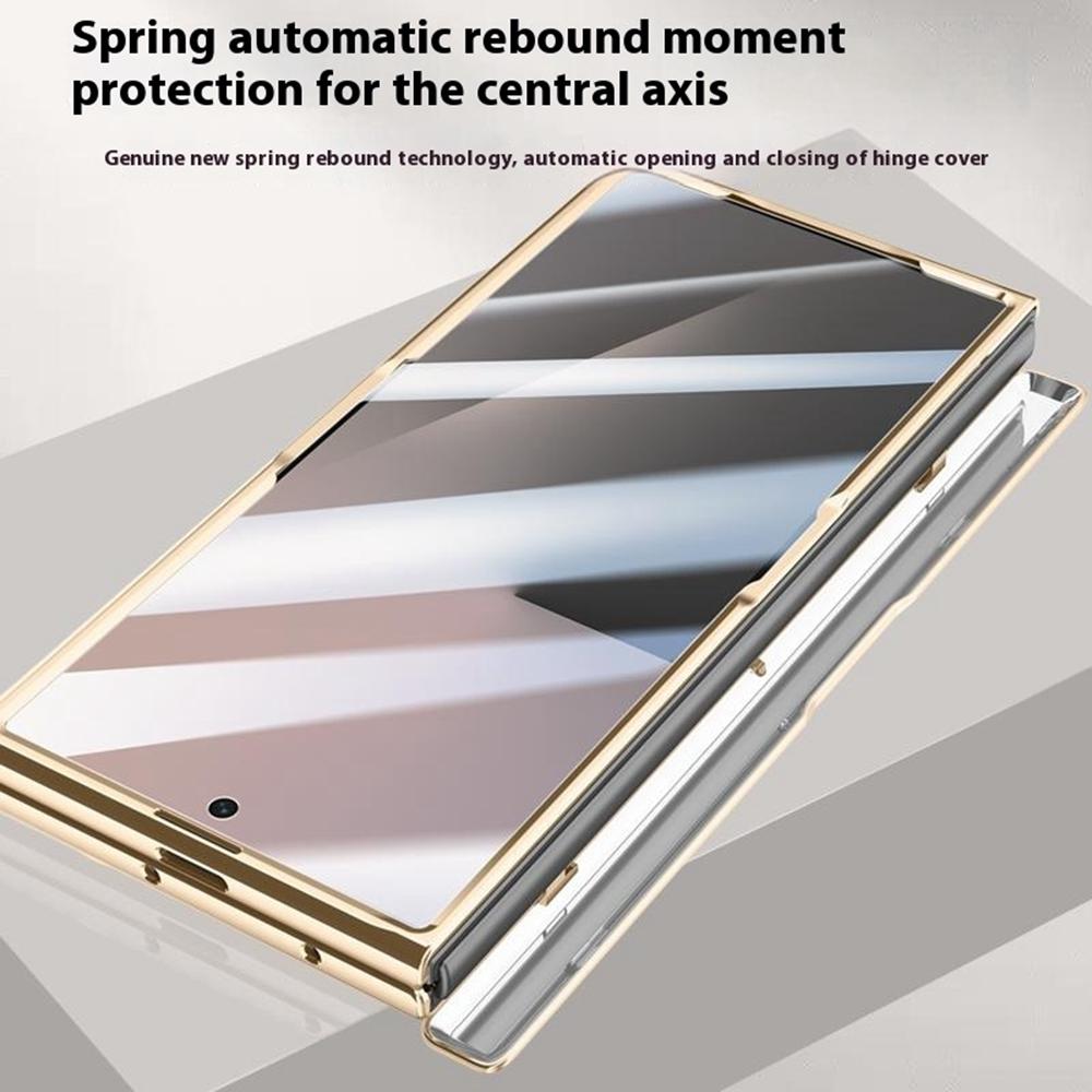 For Samsung Galaxy Z Fold7 5G Case Leather+PC Electroplated Phone Cover with HD Tempered Glass Film,Lens Kickstand