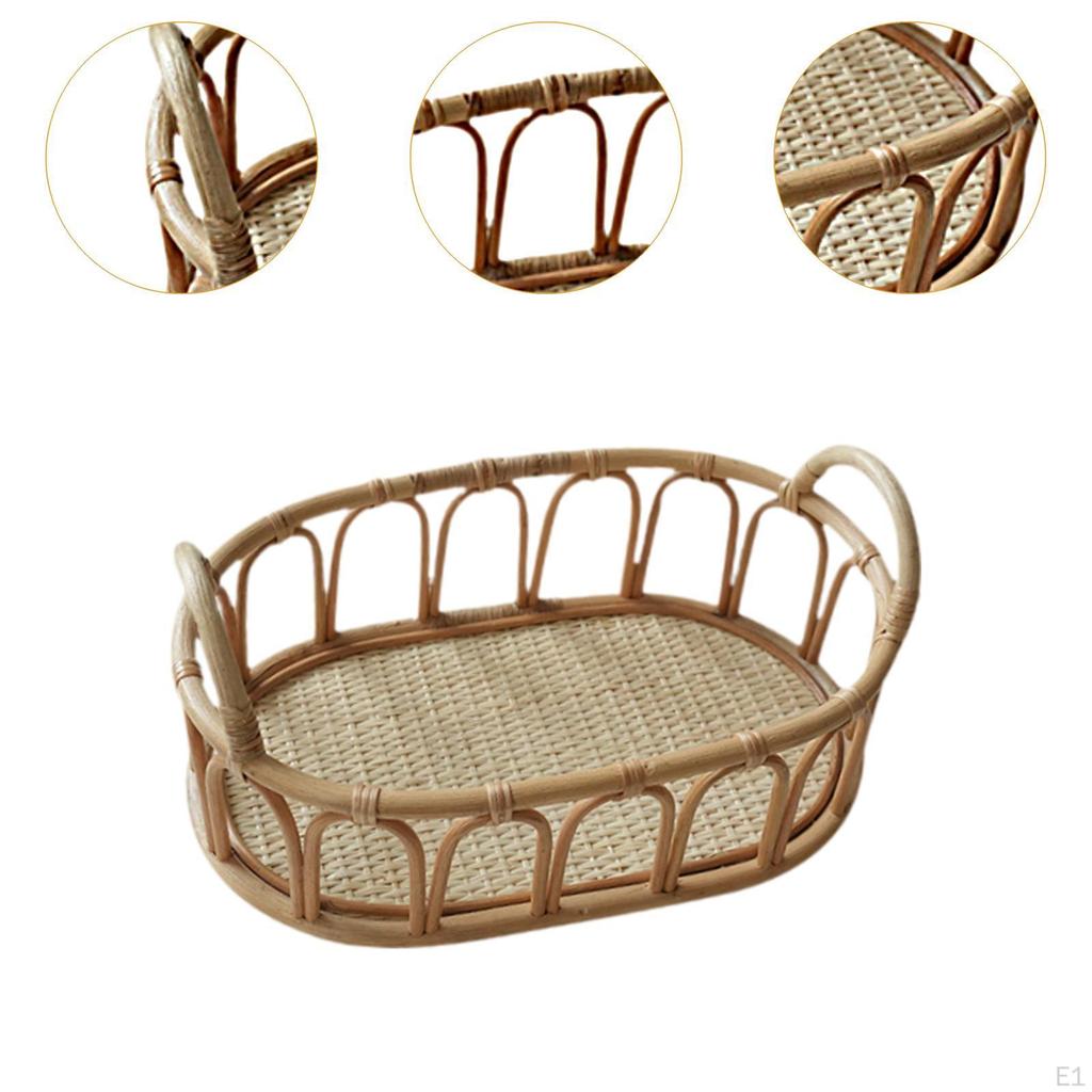 Rattan Basket with Handles Kitchen Handwoven Oval Shelf Organizer Storage for Cosmetics