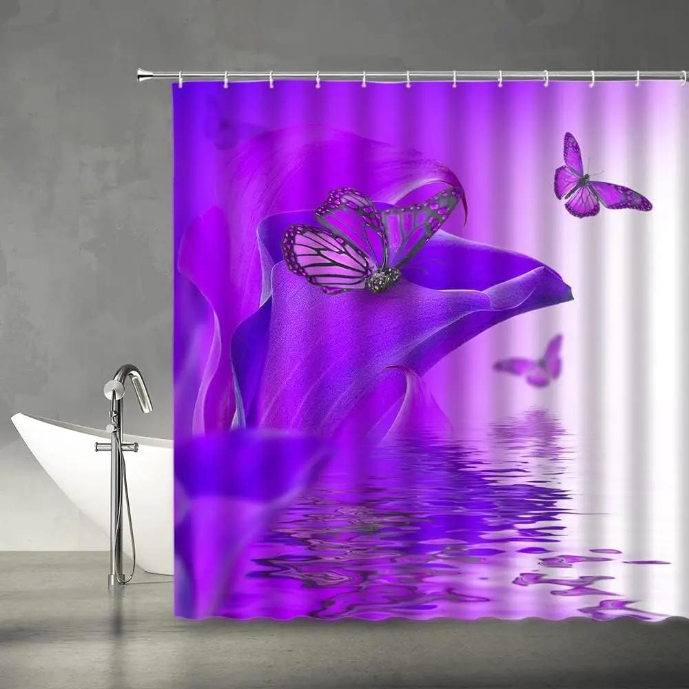 Pink Flower Butterfly Shower Curtain Natural Garden Landscape Home Fabric Bathroom Decoration Shower Curtain With Hook