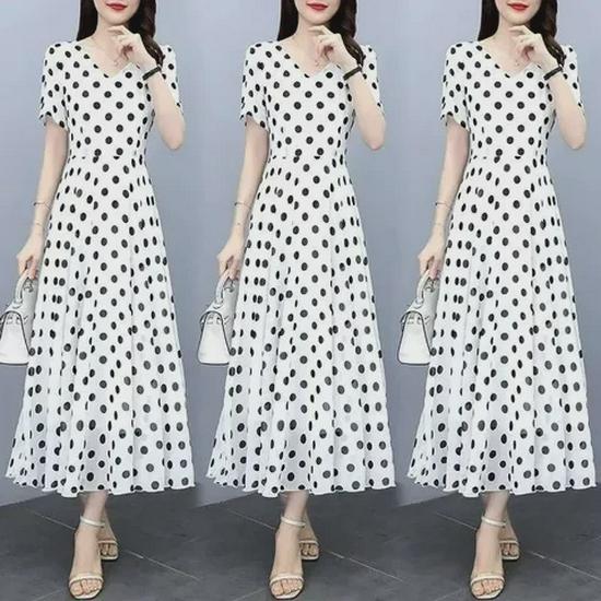 "Summer 2024 Polka Dot Chiffon Dress: Trendy Waist-Slimming, Knee-Length Skirt"