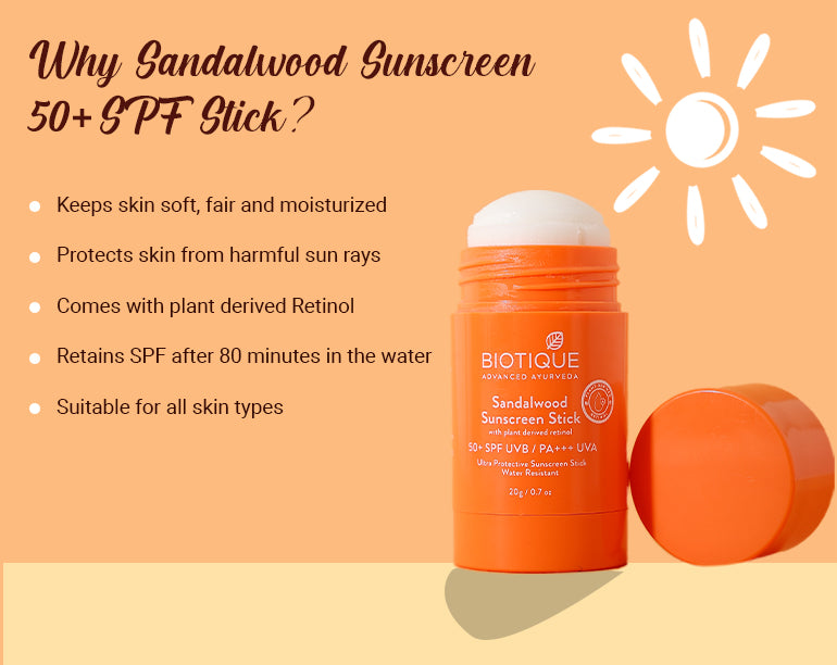 Biotique Sandalwood Sunscreen Stick SPF 50+ | 20Gm | Natural UVA/UVB Protection | Water Resistant | Moisturizing & Non-Greasy