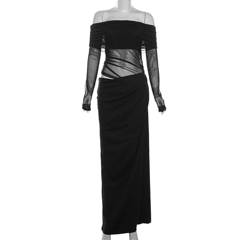 Spring New Women's Clothing Temperament Sexy One-word Shoulder Mesh See-through Long Dress Women