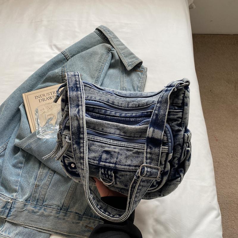 Vintage Denim Crossbody Bag Multi-Pocket Women's Shoulder Bag