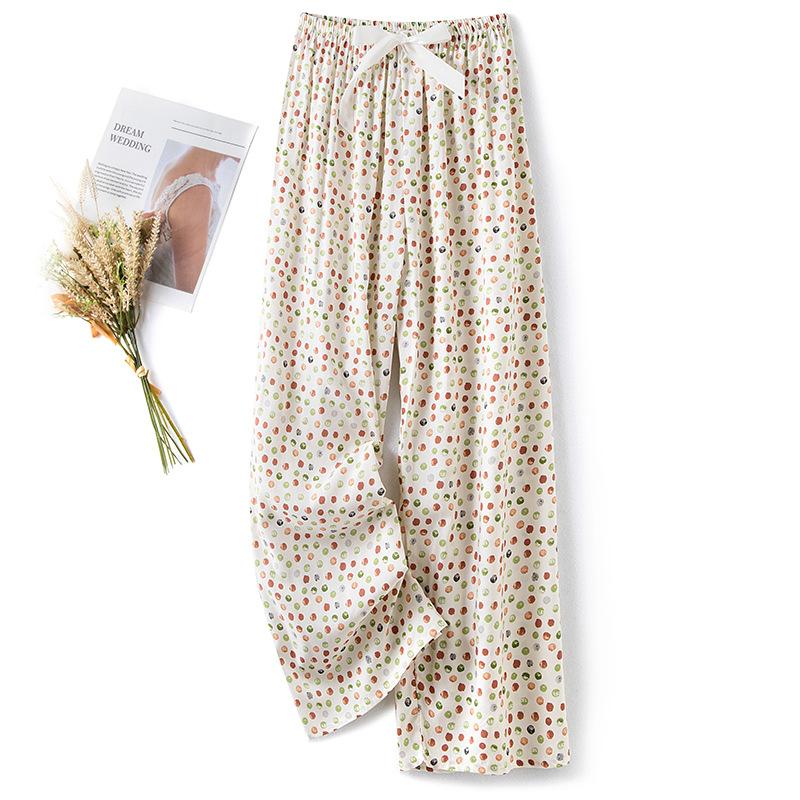 Pantaloni de pijama din bumbac mătase pentru femei, secțiune subțire de vară, anti-țânțari, pantaloni cu picior lat, culoare uni, pentru exterior, casă, petrecere a timpului liber, imprimeu, pantaloni de plajă până la genunchi