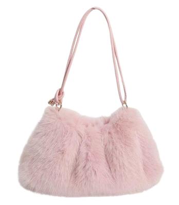 [link Bleu] Women's Fur Shoulder Bag, Fluffy Handbag for FallWinter, Cute, Trendy, Lightweight, Simple, and Stylish (Pink)