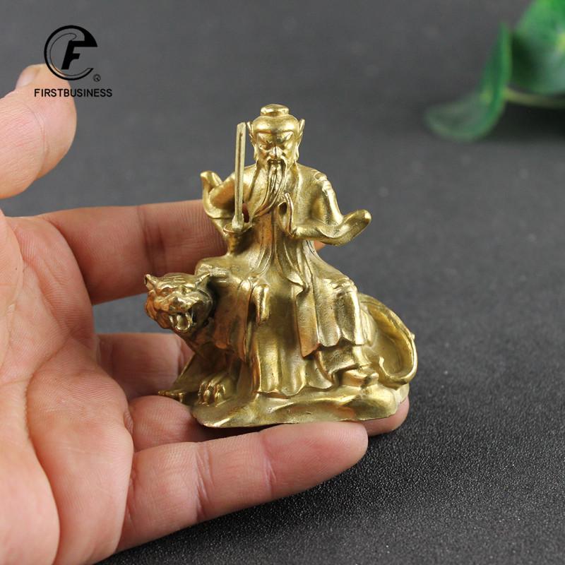 Retro Brass Chinese Taoist Founder Zhang Daoling Riding Tiger Statue Feng Shui Desk Ornament Home Decorative Crafts Accessories
