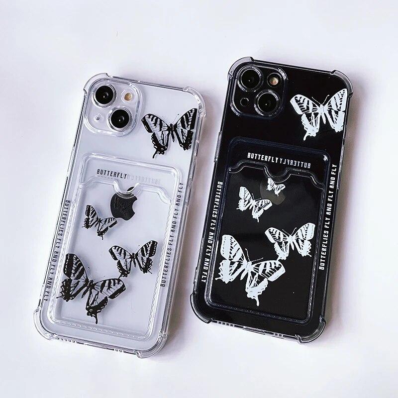 Silicone Wallet Card Holder Phone Case For iPhone 15 Pro Case iPhone 11 13 12 14 Pro Max X XR XS Max 7 8 SE Soft Butterfly Cover