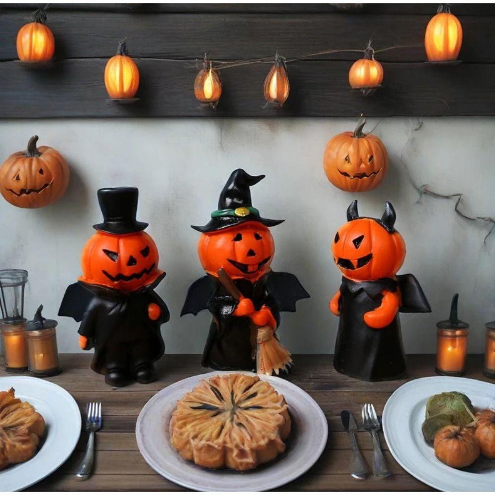 3Pcs/Set Resin Pumpkin Wizard Statue Craft Halloween Devil Decoration  Halloween Party