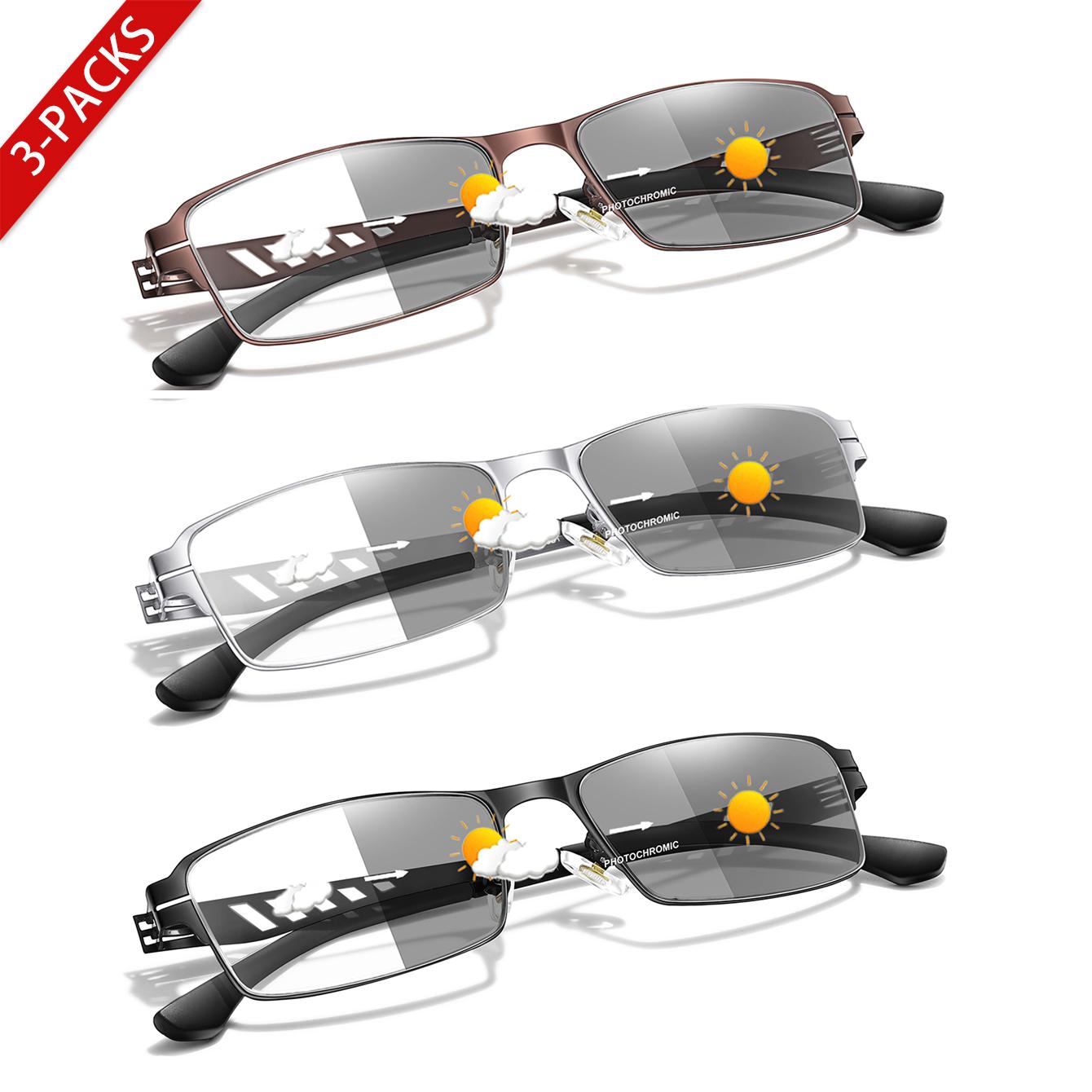 

3 Pairs Of Photochromic Reading Glasses Anti-Blue Light With Rectangular Metal Frames Presbyopic Glasses For Grandparents Gifts +4.0