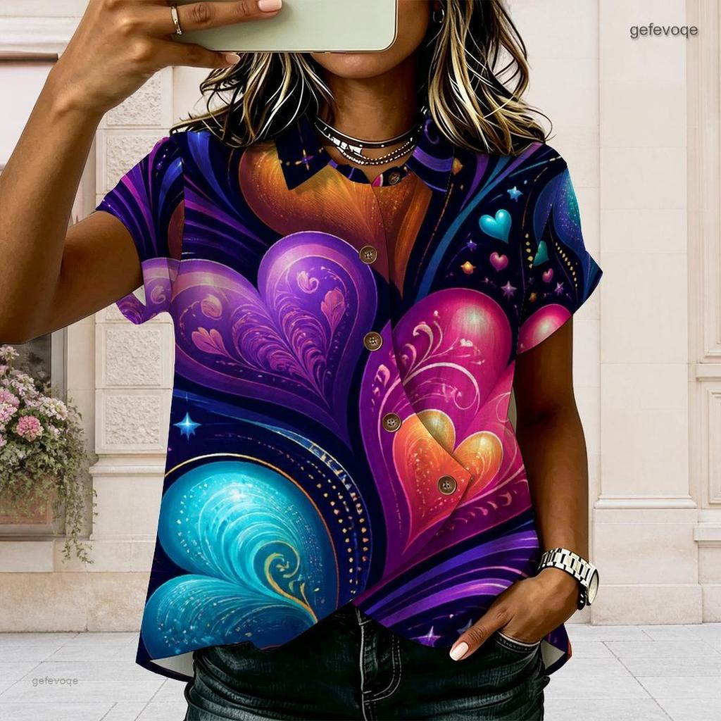 Plus Size Women Collared Short Sleeve Blouse Geometric Abstract Line Print Button Front Casual Summer Top
