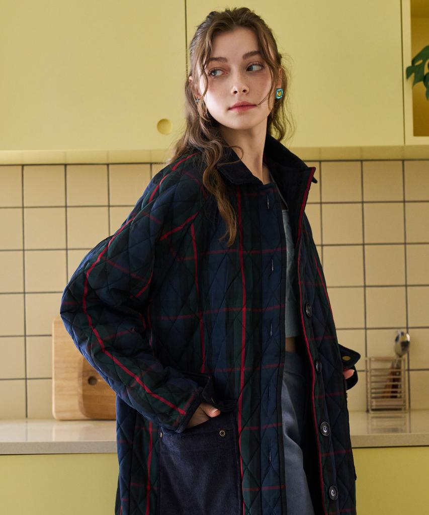 Bonidee Quilted Raglan Long Coat (Check Navy)