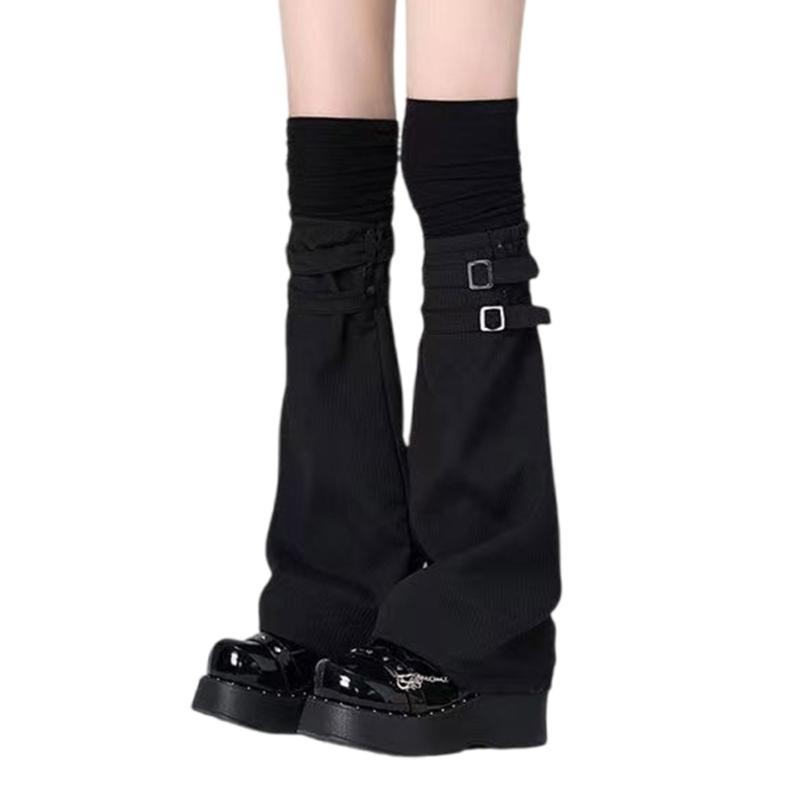 Harajuku Aesthetic Solid Color Leg Warmer Long Socks for Women Punk Buckled Strap Fastener Flared Leg Sleeves Streetwear