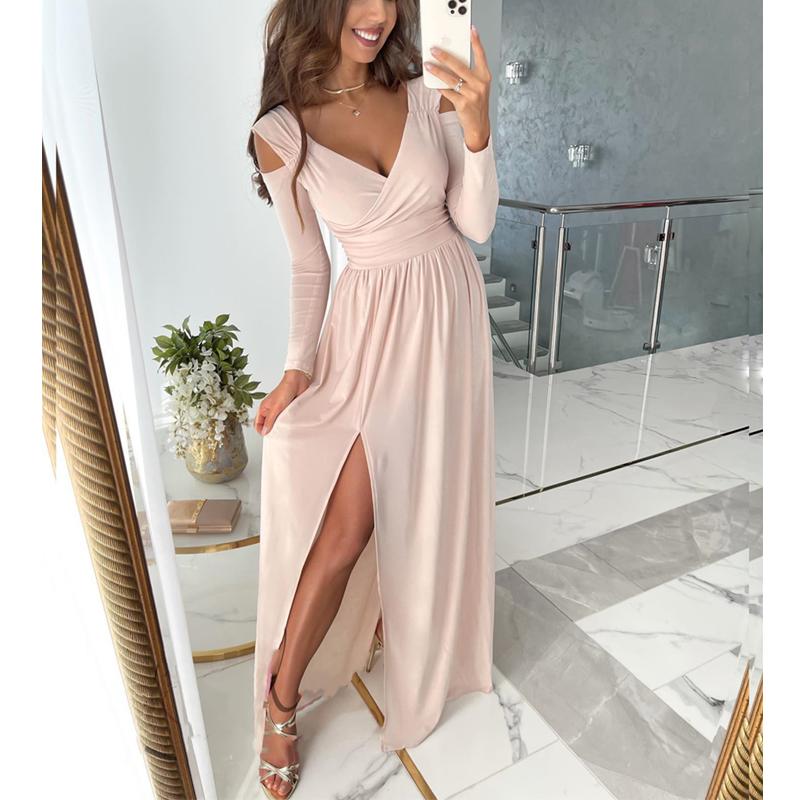 

Летние женские платья, сексуальное длинное платье с v-образным вырезом и длинными рукавами, элегантное платье с открытыми плечами, платье с разрезом, платья с высокой талией, вечернее платье XXXL розовый