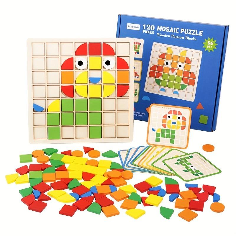 Wooden Puzzle Blocks Colorful Shape Pattern Montessori Tangram Educational Toys Educational Geometric Blocks with Cards for Kids