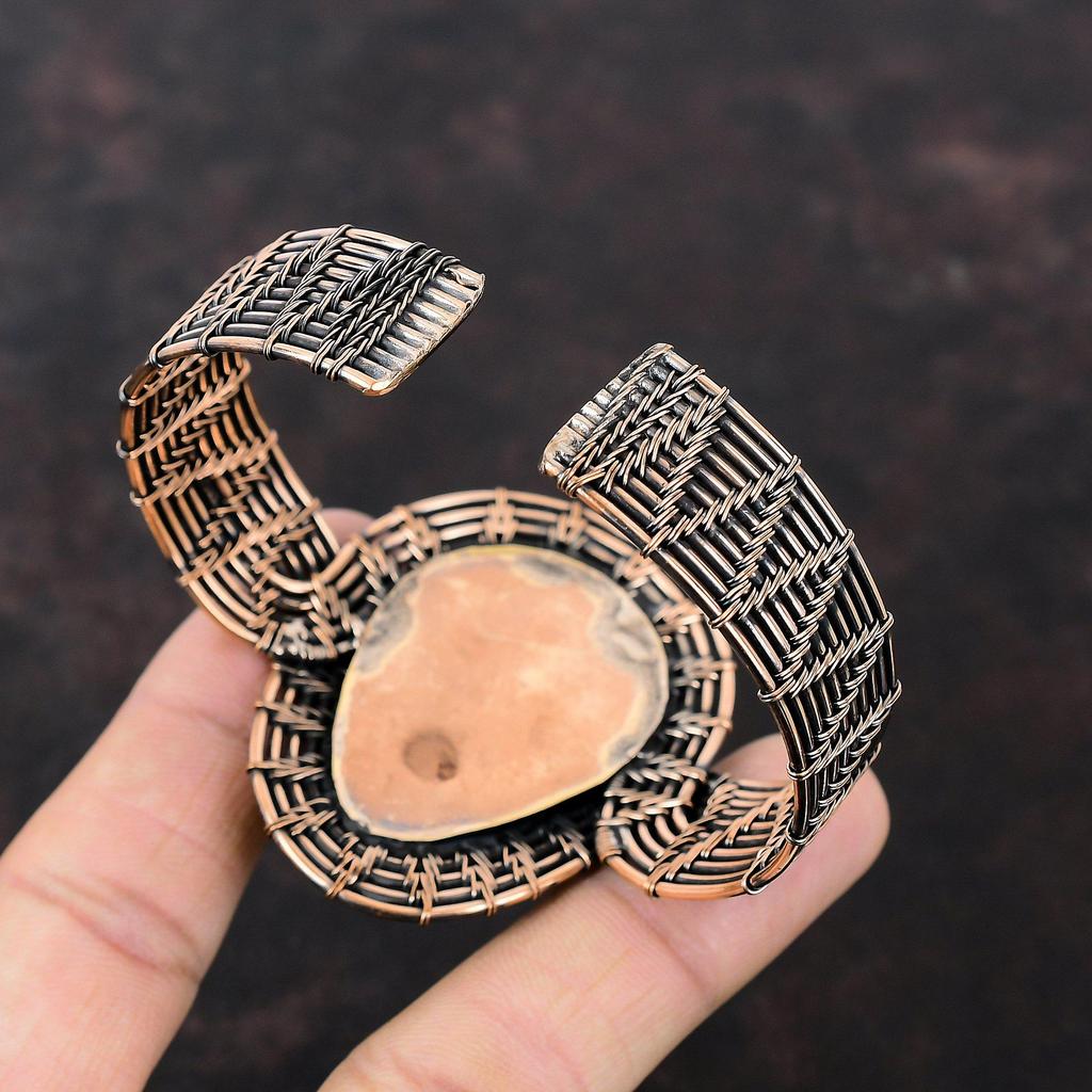 Orange Carved Bone Face Cuff Bracelet Copper Wire Wrapped Bangle Adjustable Cuff Bracelet Handmade Gemstone Jewelry Rainbow Moonstone Bangle