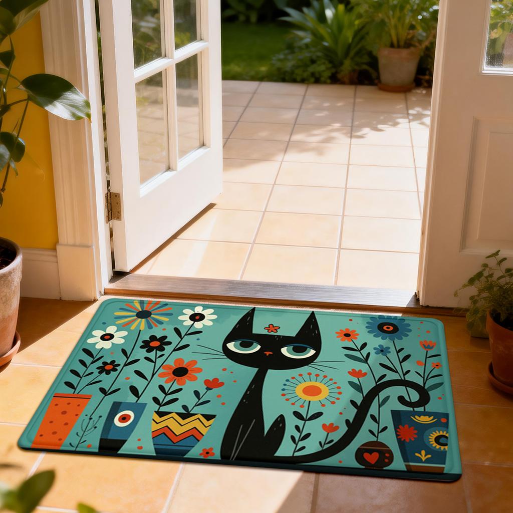 1Pcs Anti Fatigue Kitchen Rugs Black Cat Colorful Bowl Print Waterproof Non Slip Thick Cushioned Kitchen Mat Heavy Duty Comfort