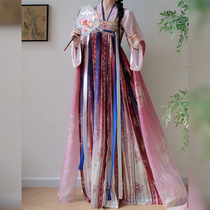 Chinesischer Tang-Dynastie-Stil Hanfu Blau Jungfräulich Serie Bestickt Brustlang Sommer Alltagsanzug