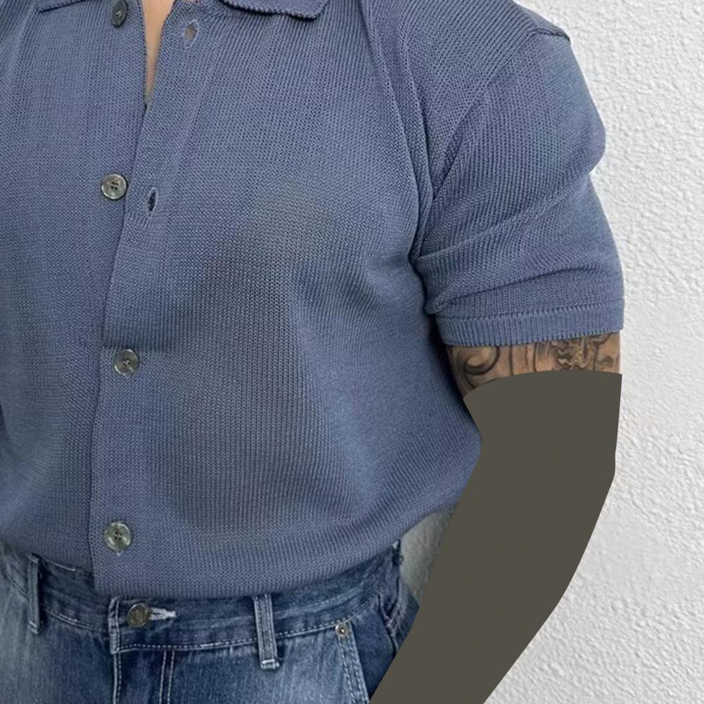 Camicia da uomo estiva a maglia a maniche corte con colletto rovesciato monopetto elasticizzata tinta unita cardigan ampio per uso quotidiano casual a