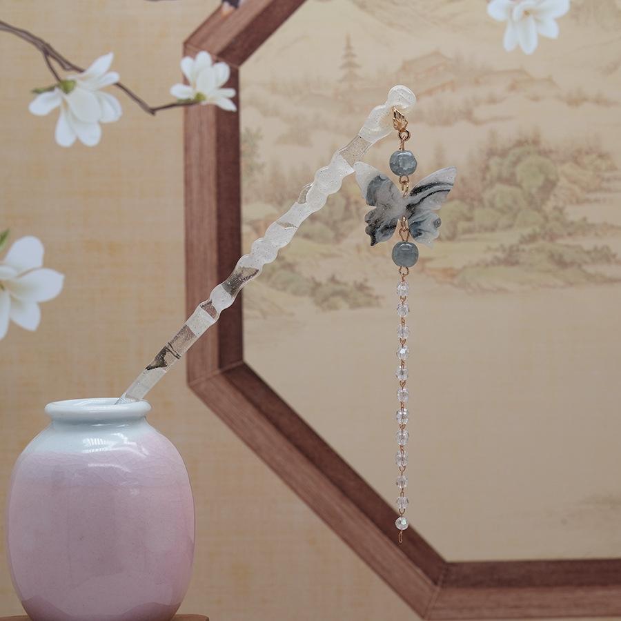 

Chinese Style Ink Gradient Hairpin For Women Vintage Butterfly Fan Tassel Hair Stick Hanfu Dress Jewelry Hair Accessories 1pc красный