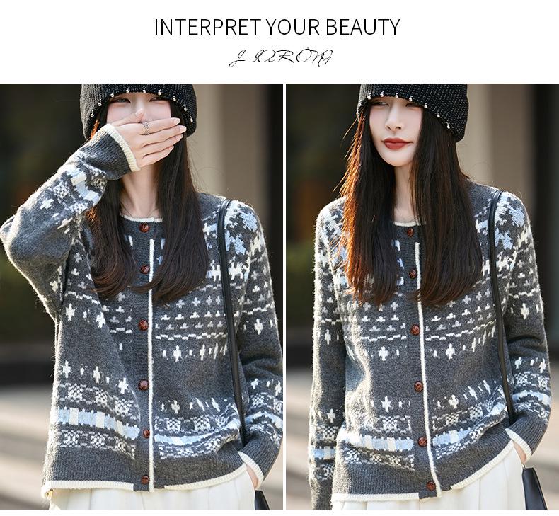 Retro Jacquard Round Neck Sweater - Women's Autumn/Winter Thick Loose Knit Cardigan, Korean Style Chic Top