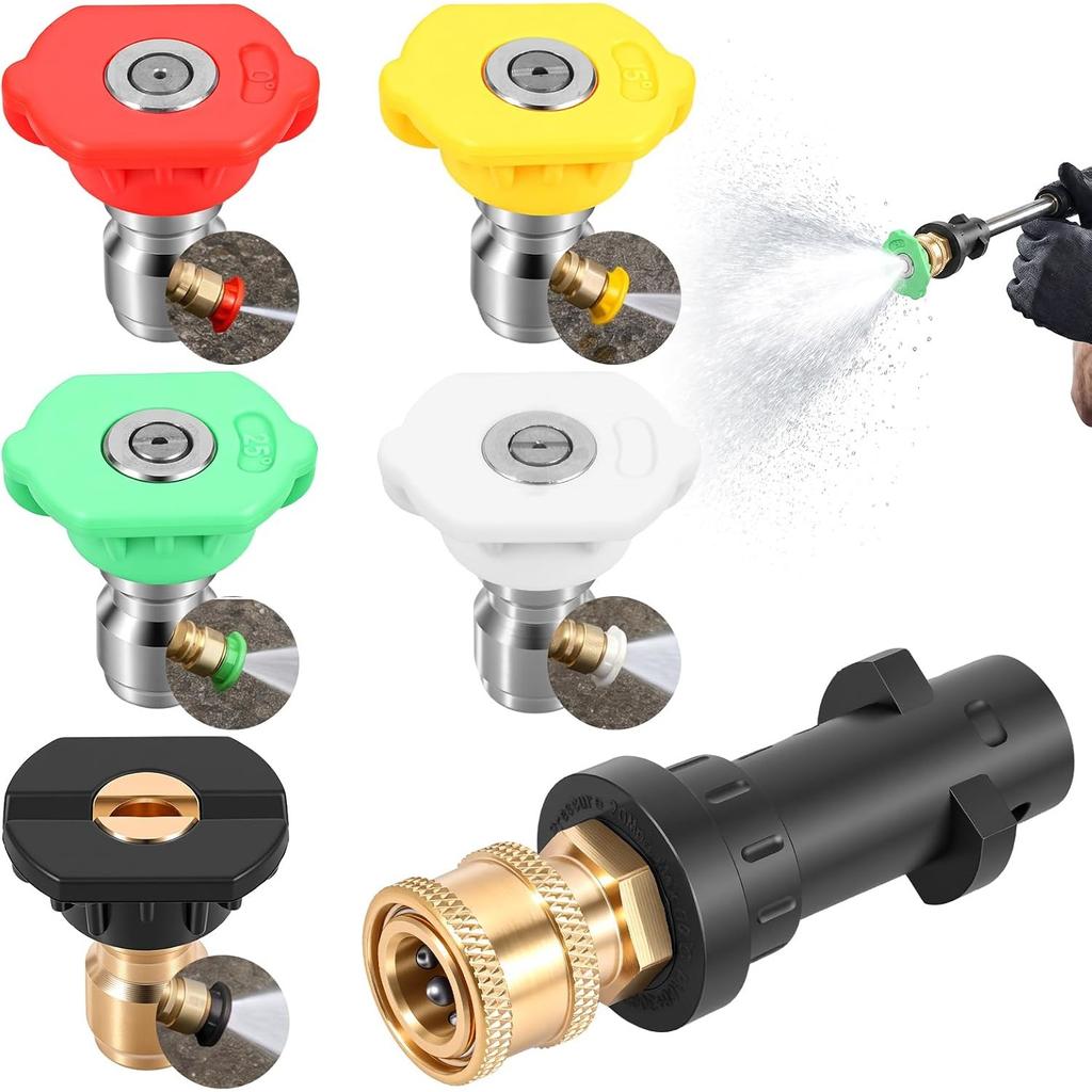 6 Pcs Pressure Washer Spray Nozzle Tips with Adapter for K2-K7, 1/4 Inch Quick Release Multi-Degree Connection Washers Nozzles Set for Car, Garden