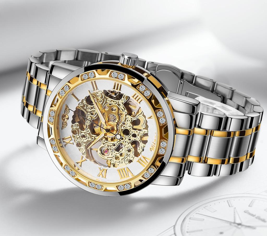 FORSINING Winner Retro Manual Skeleton Watch with Diamond Carving Flower Craft Roman Numerals Silver White Men