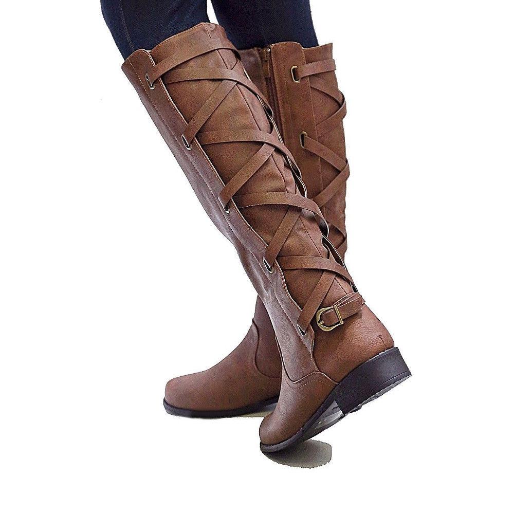 Buy Pair of Shoes Women's Ladies Lace Up Zip Over Boots Knee High Mid ...