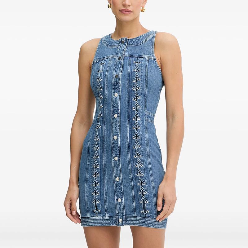2026 Spring/Summer High Street Elegant Rope Tie Washed Denim Pinafore Dress - Stretchy Fit