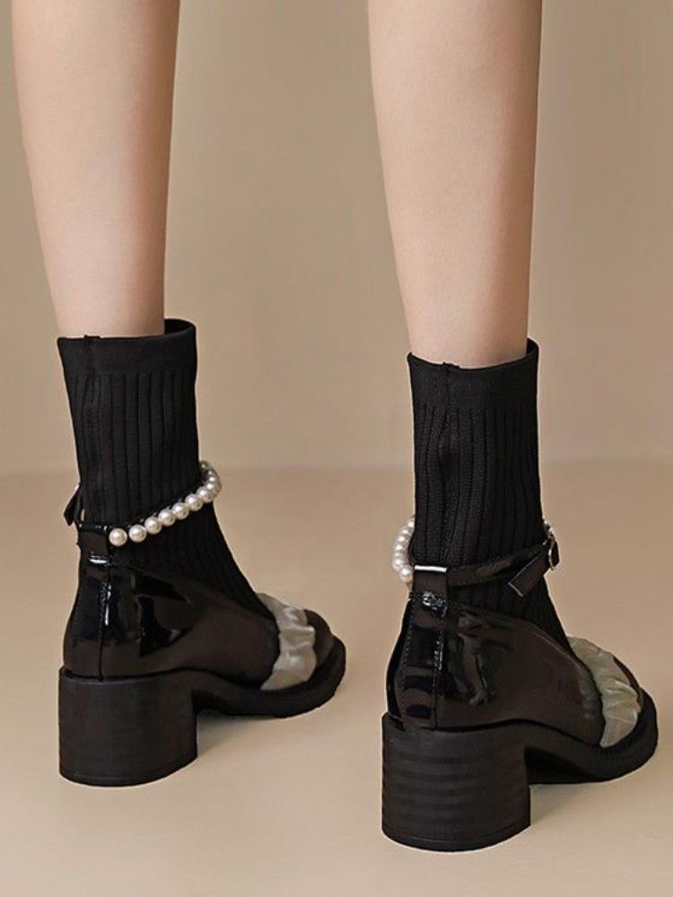 Fashion Black Booties White Cute Elegant with Medium Heels Short Shoes for Women Kawaii Footwear Female Ankle Boots Sock New in Y2k Pu