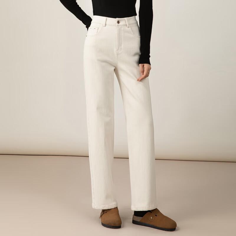 Fanzhen Women's Plush-Lined Off-White High-Waist Straight-Leg Jeans