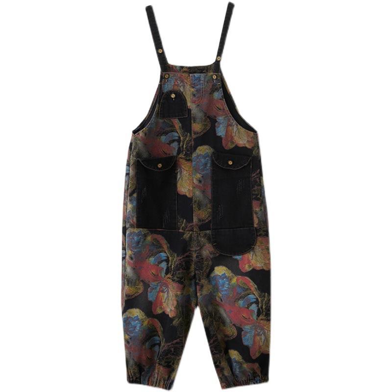 Tuta Jumpsuit in Denim Stampato da Donna Overall Casual Larga Vintage Taglie Forti
