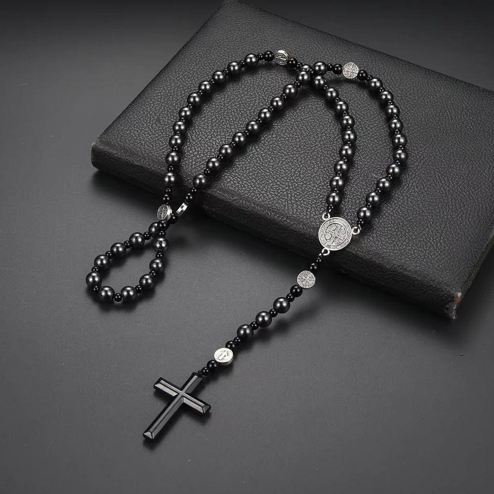 Schwarze Rosenkranz Halskette Runde Perlen Kreuz Anhänger Halskette Neue Perlen Halskette Rosenkranz Geschenk