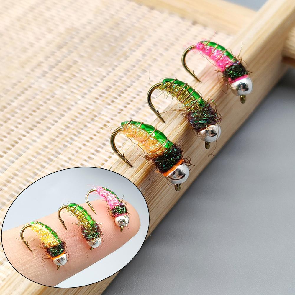6PCS Bead Head Ice Silk Nymph Fly Fishing Lure, Sharp High Carbon Hook Sinking Bait for Trout Minnow Panfish