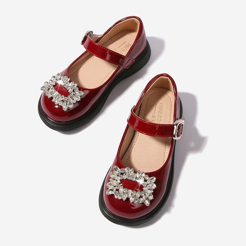 Versatile 2024 New Retro Square Drill Fashion Kids Round-toe Girls Mary Janes for Party Wedding Shows PU Elegant Children Shoes