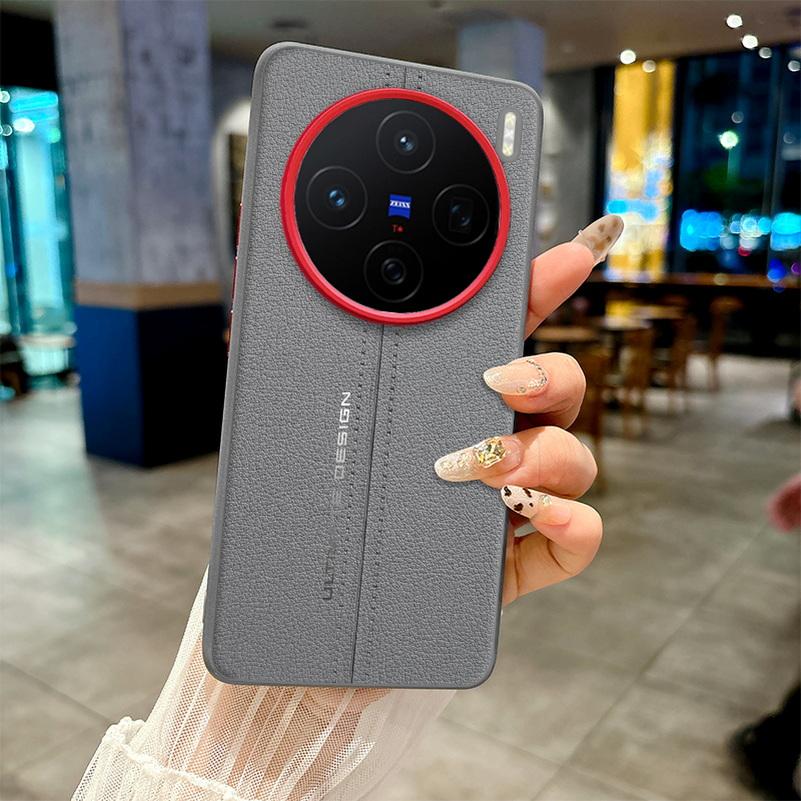Plain Leather Middle Stitching Style Red Heightened Lens Ring Case For VIVO X200 Ultra X200s X200 Pro Mini X200 Pro Slim Cover