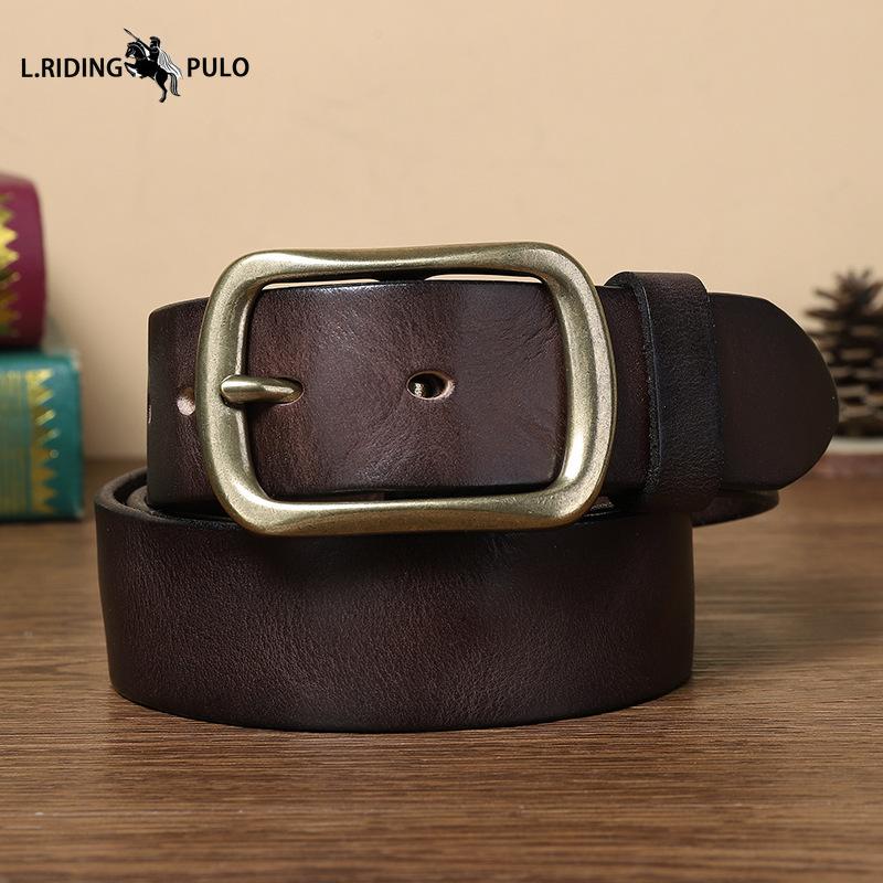 Retro Versatile Pleated Copper Buckle Belt Men's Genuine Leather Trend Pin Buckle Pure Leather Pants Belt