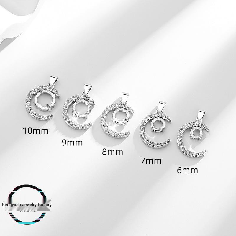 Popular Little Moon Pendant Necklace Setting: Women's Copper DIY Inlay, Fits 6-10mm Round Cabochon, Imitation 925 Silver Finish.