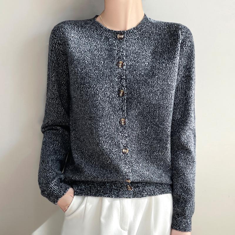 Spring 2025 Retro Velvet Round Neck Knit Cardigan - Space-Dyed Loose Fit for Women