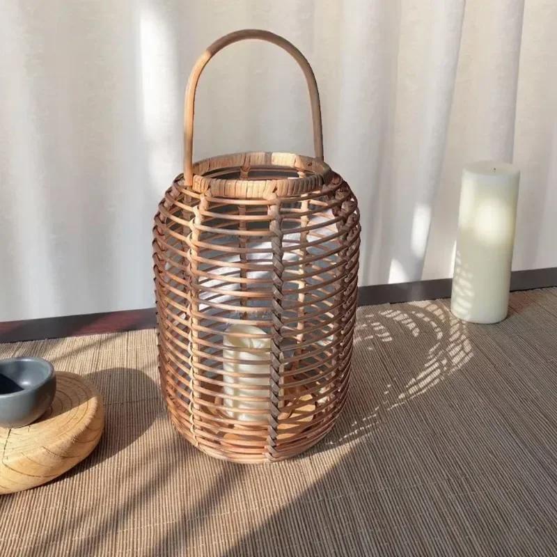 1pc Rattan Woven Floor Wind Lamp Desktop Candle Holder Handmade Natural Zen Style Tea Room Ornament Indoor Home Household Decor