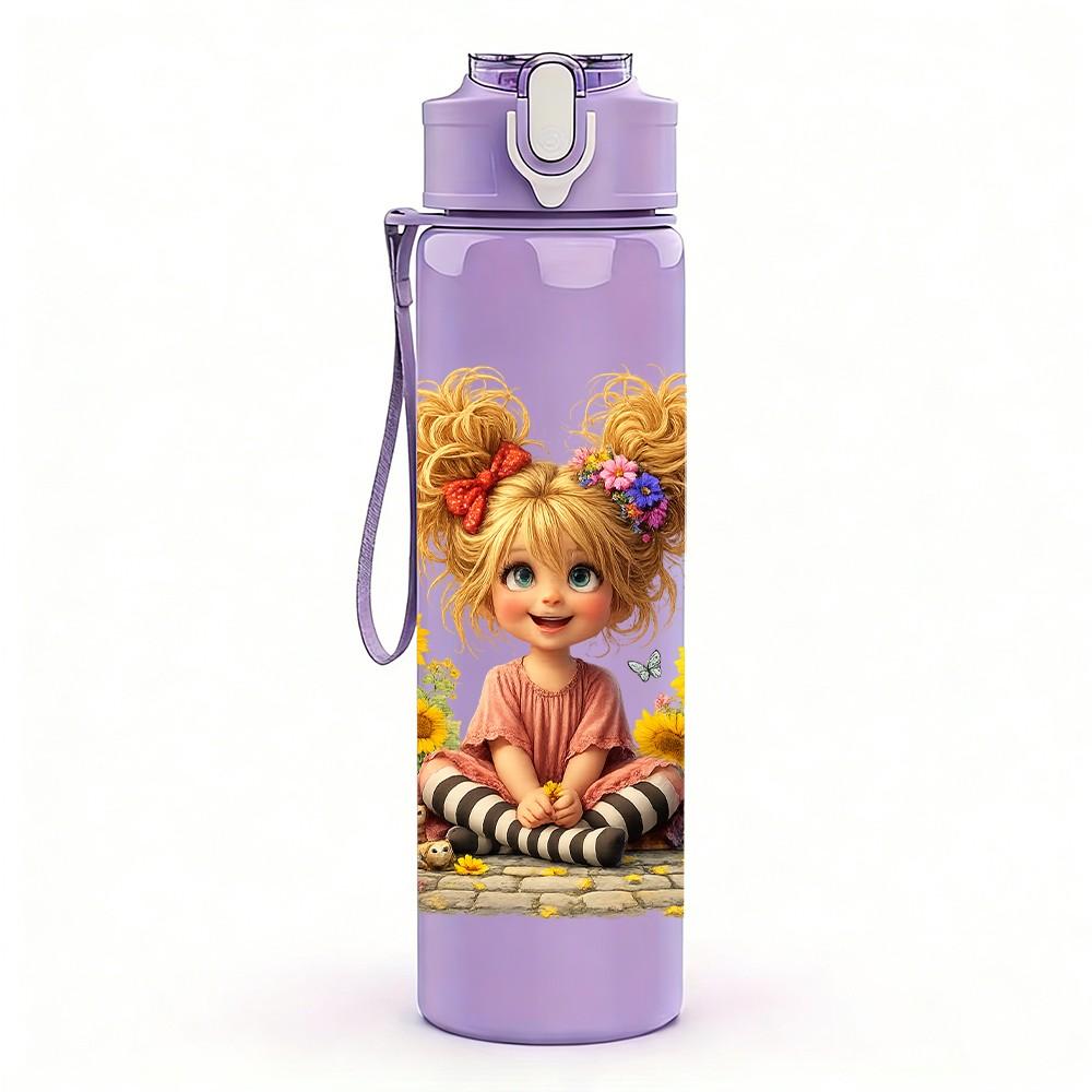 1PC Curly Hair Girl Sunflower Field Print 750ml Color Plastic Sports Water Bottle Leakproof Flip Straw Lid Suitable for Sports Office Home Use