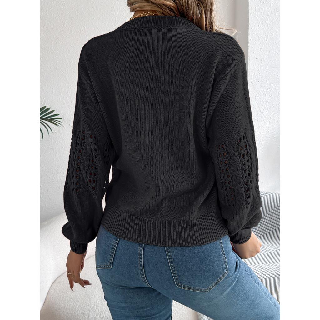 GMXIA Autumn and Winter Casual Solid Color Hollowed-out Lantern Sleeve Pullover Sweater Women's Wear